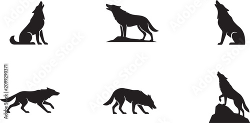 Obraz na plátně Set of vector black whistling wolf silhouette icon