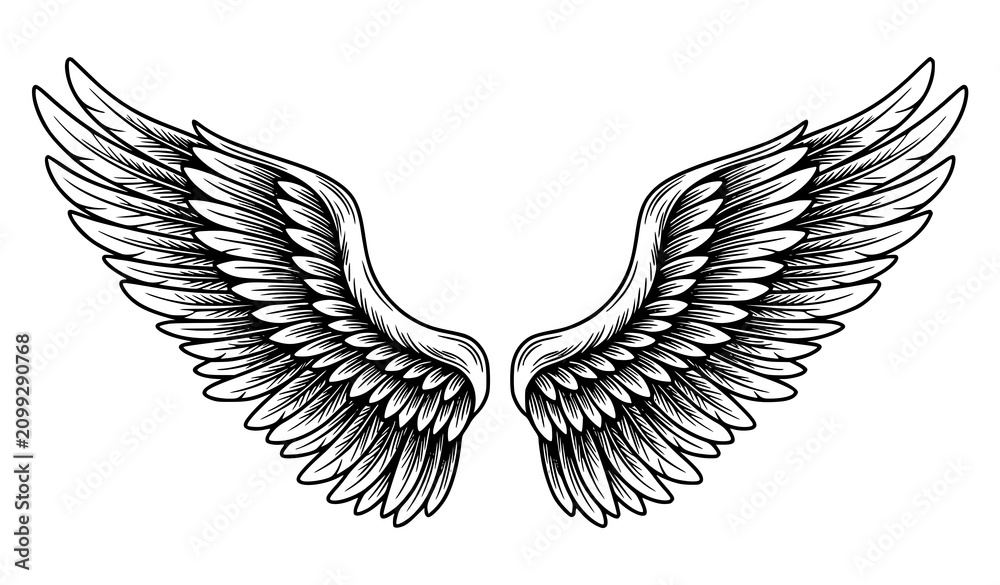 Fototapeta premium Vintage Angel Wings Hand Drawn Vector Icon