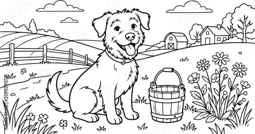 Cute puppy with bucket farm scene coloring page for kids and adults
