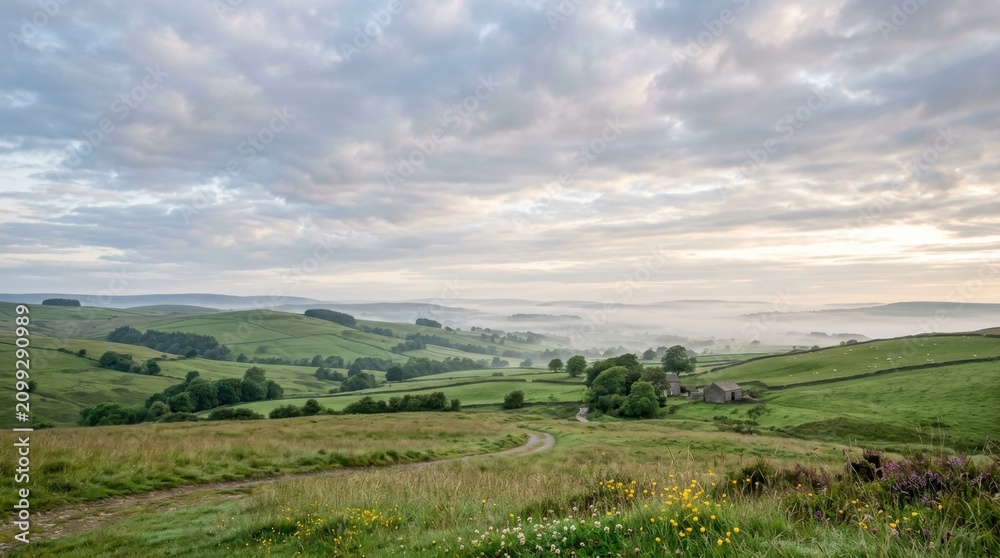 Obraz premium Scenic view of rolling green hills in the Yorkshire Dales with morning mist and a small stone farmhouse at sunrise