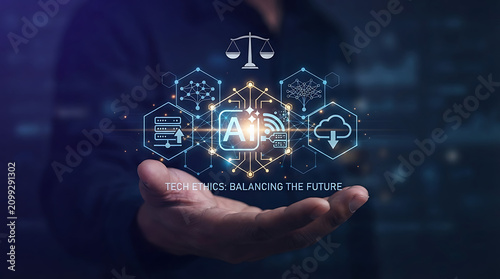 Tech Ethics Balancing The Future Concept – Businessman Hand Presenting AI Governance Hologram with Justice Scales