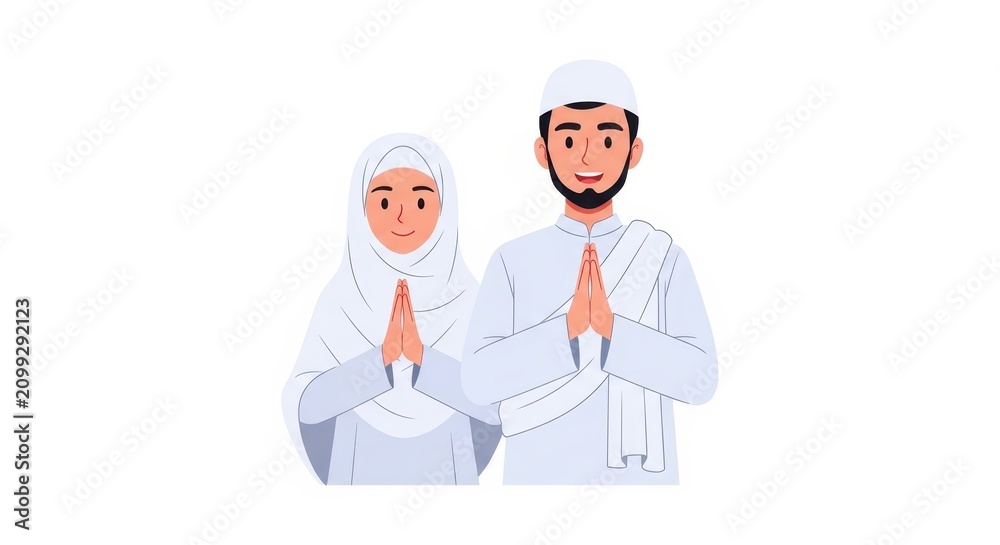 Fototapeta premium Illustration of a muslim couple in ihram clothing performing hajj or umrah pilgrimage