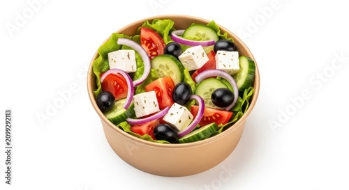 Fresh greek salad in a paper bowl isolated on white background