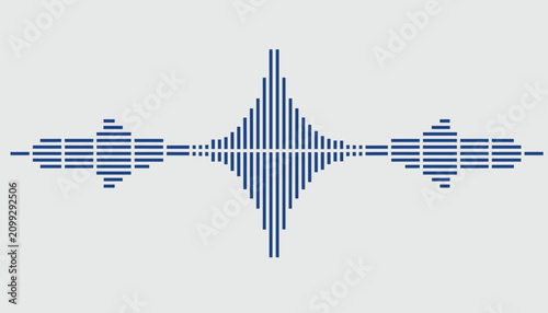 Digital audio sound wave visualizer in dark blue horizontal bars with high peaks against neutral light grey background.
