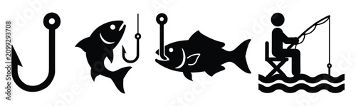 Fishing icons set featuring hooks various fish an angler sitting on a chair catching a fish fisherman recreation equipment adventure
