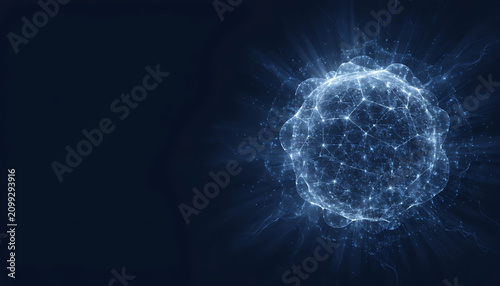 Glowing blue spherical network of particles and lines radiating light on a dark background sphere