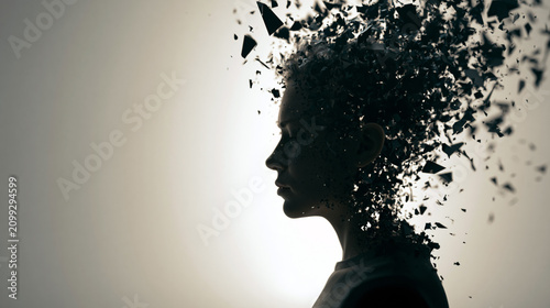 Human silhouette fragmented into floating geometric pieces against a neutral background, symbolizing identity breakdown, mental instability and emotional fragmentation