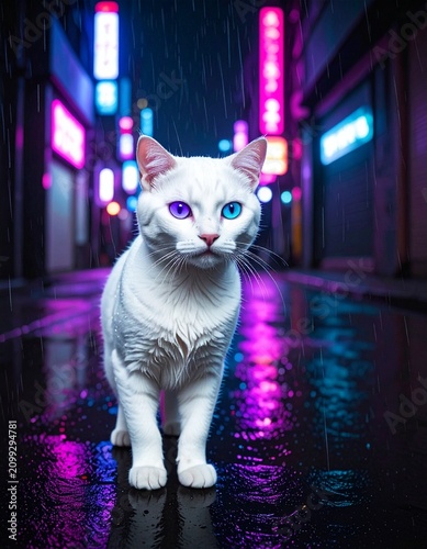 Mystical White Cat in Neon Alley: A striking white cat with heterochromatic eyes—one violet, one blue—stands on a rain-slicked alley floor, illuminated by the vibrant glow of Japanese neon signs.