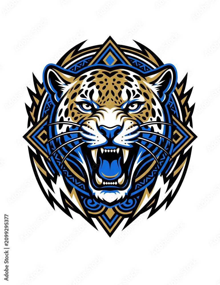 Obraz premium Angry roaring jaguar face vector illustration with geometric mandala frame for streetwear.
