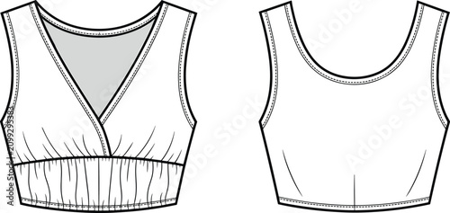 Photos Technical drawing outlining a womens fashionable crop top, showcasing both the f