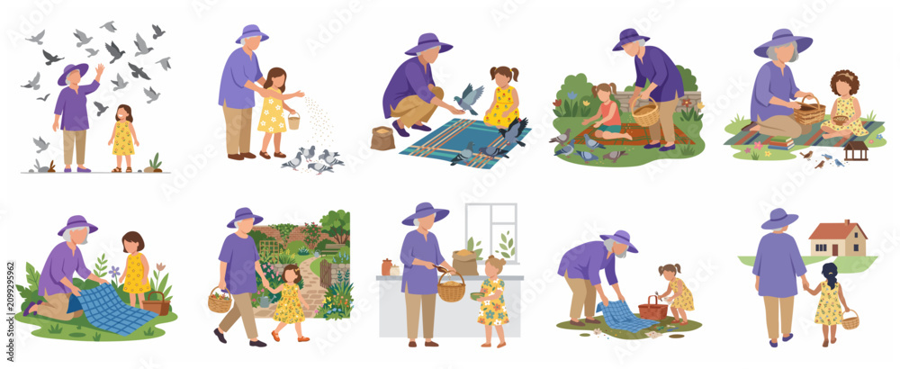 Fototapeta premium Set of grandmother and granddaughter bonding activities vector illustrations, elderly woman and child spending time together outdoors, picnicking, feeding birds and gardening.