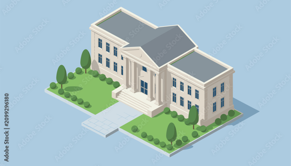 Fototapeta premium Classic white stone university or government building is surrounded by green lawns and trees in an isometric view.