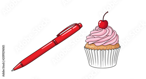 A red pen and a pink frosted cupcake with a cherry