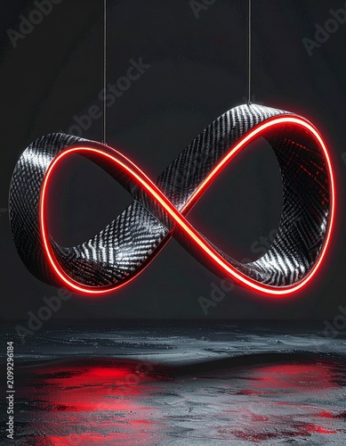 Infinite Loop: A mesmerizing infinity symbol sculpture, crafted with dark, textured material and illuminated by a vibrant neon red outline, floats eerily against a dark, reflective background.