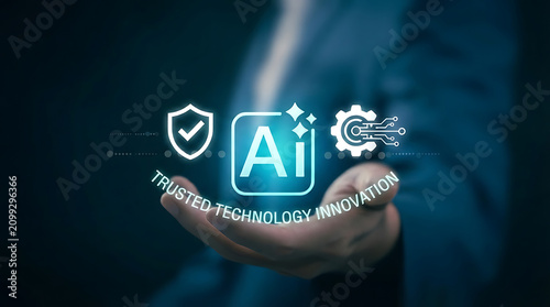 Trusted Technology Innovation and AI Concept – Businessman Hand Holding Artificial Intelligence and Security Hologram
