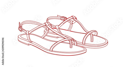Minimalist red line art illustration of women's summer sandals on a white background.