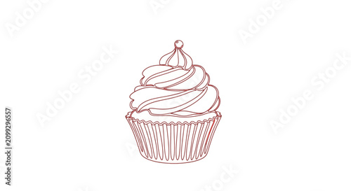 Red Single Line Drawing of a Sweet Cupcake