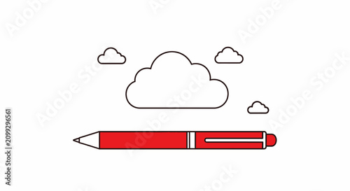 Minimalist vector illustration of a red ballpoint pen with clouds on a white background