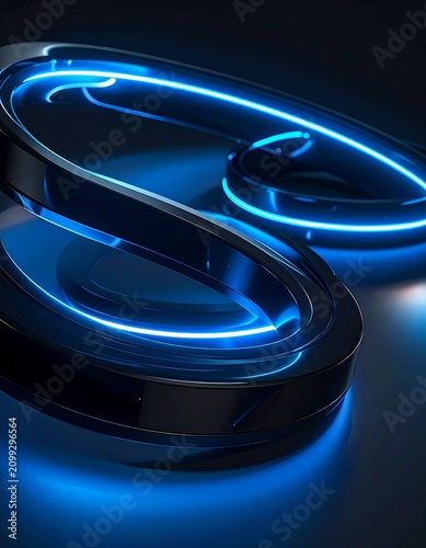 Abstract Neon Loop: A sleek, dark metallic loop intertwined with glowing blue neon light, creating a futuristic and modern abstract design with an ethereal glow.