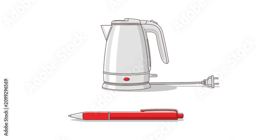Illustration of a silver electric water kettle and a red pen on a white background.