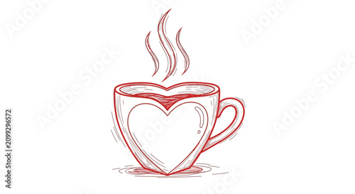 Red line art illustration of a steaming heart shaped cup on a white background.