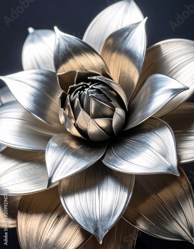 Metallic Lotus Blossom: An exquisite lotus flower crafted from shimmering metallic petals, showcasing a blend of silver and gold, a symbol of purity and enlightenment against a dark.
