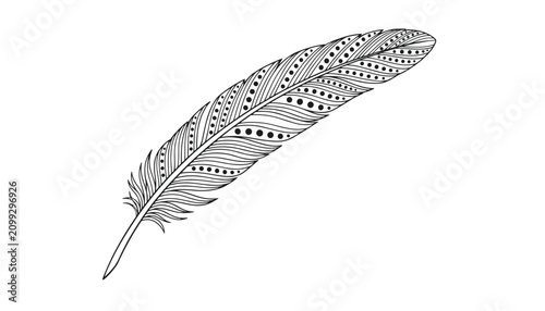 Bohemian style black and white feather illustration with detailed dot clusters and clean linear patterns on a white background.