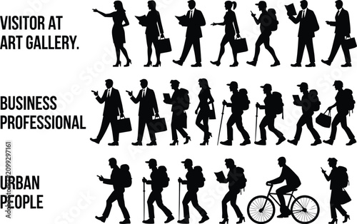 Foto Diverse silhouette collection art gallery visitors business professionals and ur