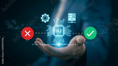 AI Verification and Decision Making Concept – Hand Holding Artificial Intelligence Hologram with Approval and Rejection Icons
