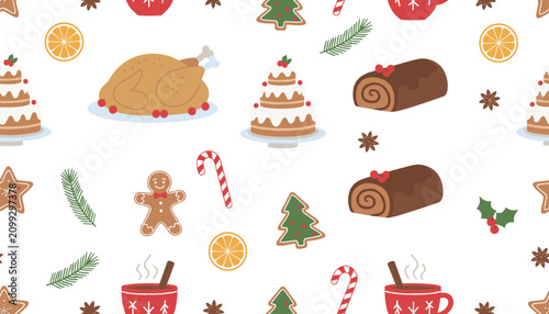 Festive repeating seamless pattern with Christmas food items such as roast turkey, chocolate log cakes, gingerbread men, and hot cocoa.