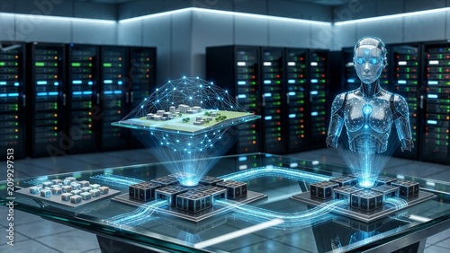 Photorealistic AI Operations Room with Holographic Network Model