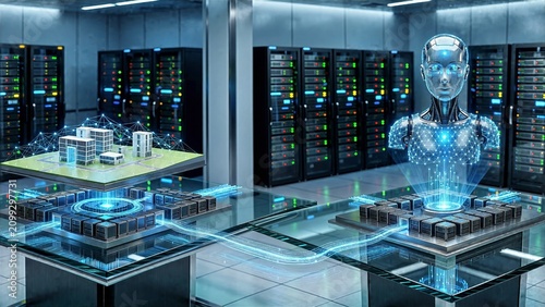 Photorealistic AI Operations Room with Holographic Network Model