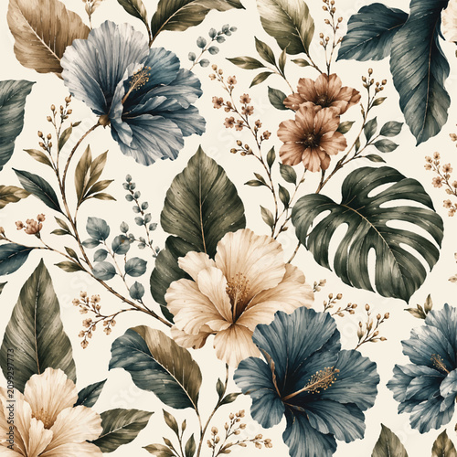Foto tropical leaves with blue grey flowers on light background elegant pattern tren