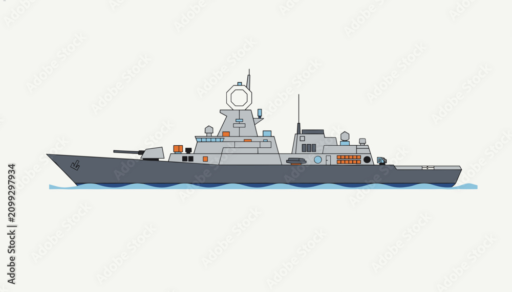 Fototapeta premium Modern military naval frigate or destroyer warship sailing in calm blue water against a solid off-white background.