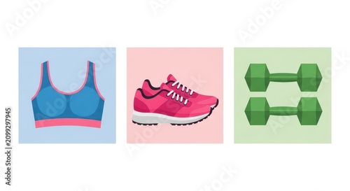 Fitness equipment set including sports bra, running shoes, and dumbbells