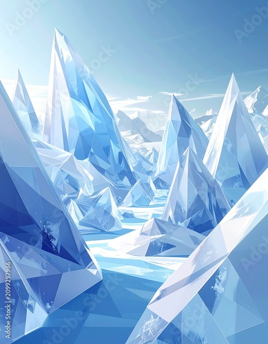 Crystal Peaks: A breathtaking glacial landscape featuring towering ice formations that shimmer under a clear blue sky, evoking a sense of frozen beauty and remote wilderness.