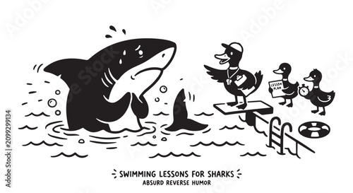 Fotografía Funny shark swimming lessons cartoon, absurd reverse humor vector illustration,