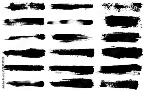 Ink brush stroke. Dry paint long smear, black stains. Isolated textured straight lines or art grunge design elements. drawing set. Vector collection.