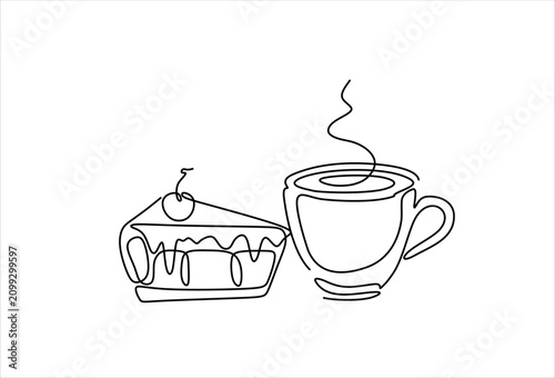 Continuous one line drawing of cheesecake with cherry and cup of tea or coffee. Hand drawn piece of cake and tea