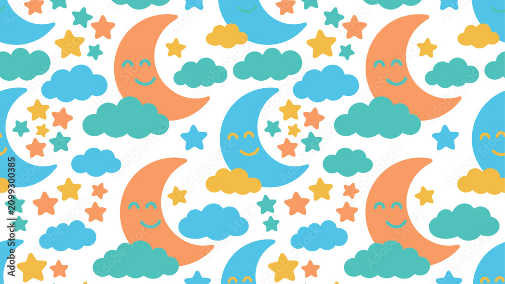 Fototapeta premium Seamless cartoon pattern with smiling orange and blue crescent moons, clouds, and stars for kids' decor and textiles. Flat vector illustration EPS 10.