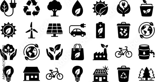 Set of environmental and sustainable energy vector icons with eco friendly environment sustainability