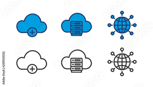 Canvastavla Cloud computing and network icons set blue and black line art illustrations