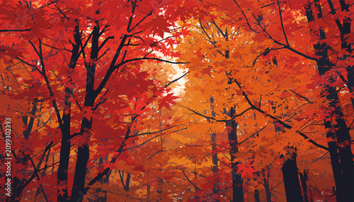 Canvas Print Vibrant autumn forest canopy with red and orange leaves illuminated by sunlight, showcasing the beauty of fall foliage