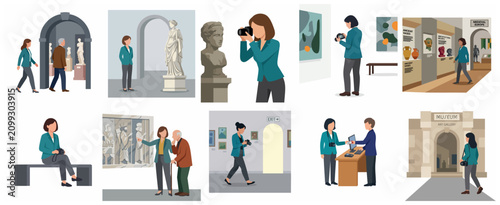 Konstfotografi Flat vector illustration of people visiting art museum, viewing gallery exhibiti