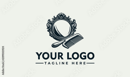 Foto Elegant Beauty Salon Logo with Ornate Mirror and Hair Comb Illustration