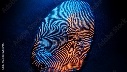 close view of a fingerprint with blue and orange details on a dark background during nighttime in a scientific study