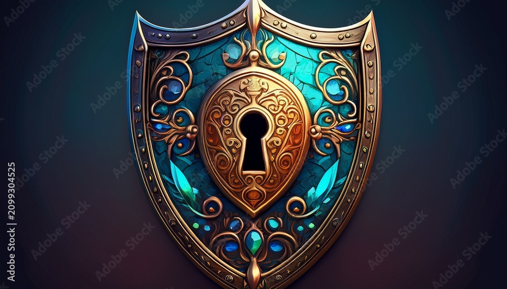 Fototapeta premium ornate medieval shield with keyhole emblem intricate enamel and gemstones
