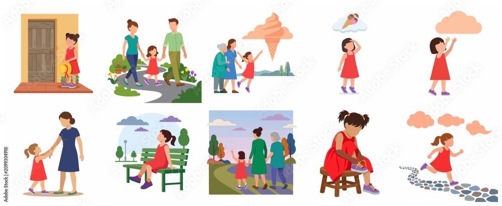 Fototapeta premium Flat vector illustration set of a young girl and her family in various daily life activities and scenes