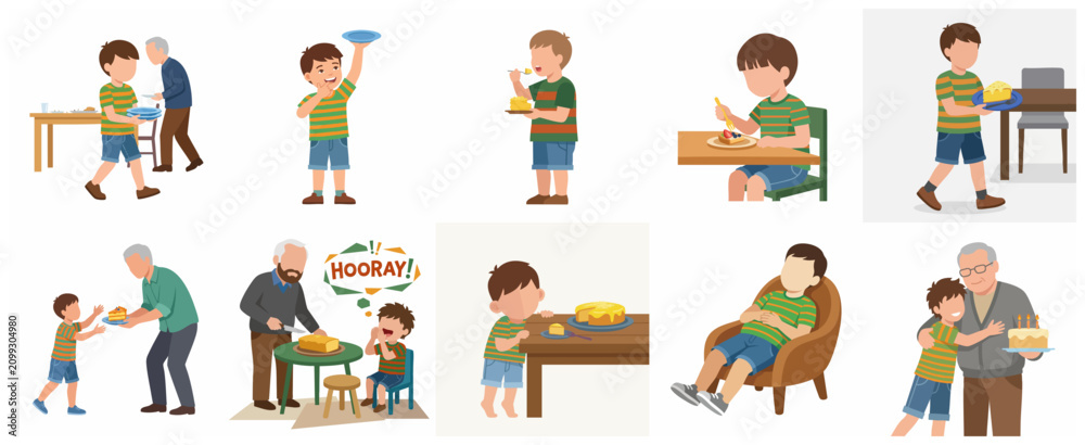 Naklejka premium Collection of illustrations featuring a young boy and his grandfather sharing cake and happy moments.