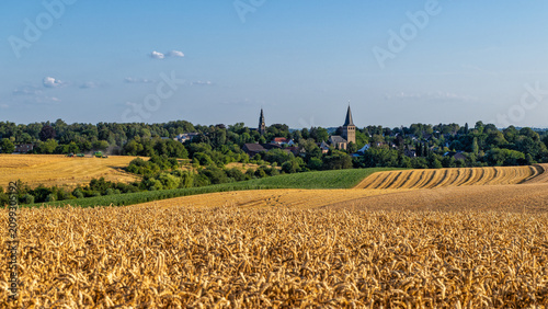 Cuadro en lienzo view of the catholic and protestant churches in Ratingen Homberg, with grain fie